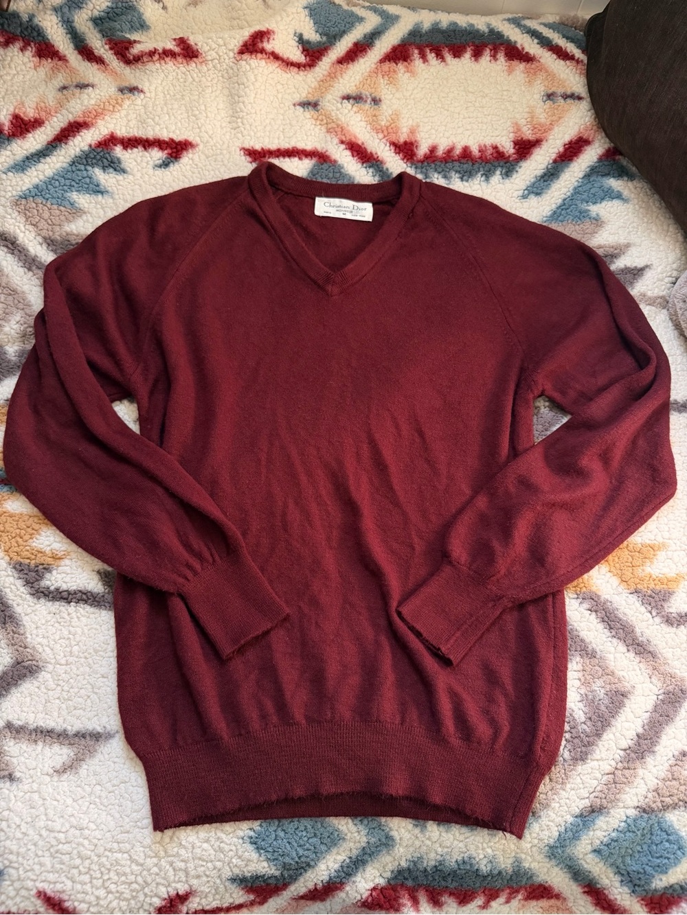 Vintage Dior Men's V-Neck Sweater in Deep Wine
